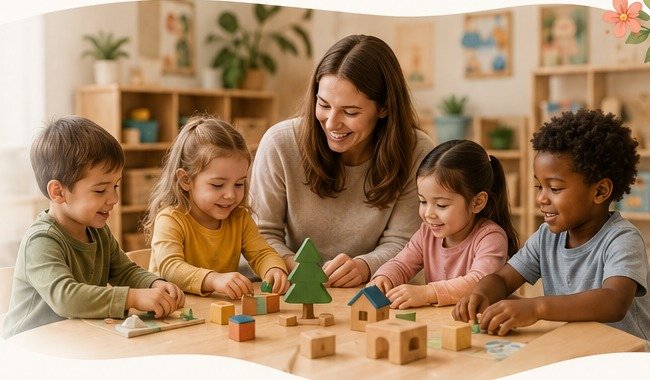 Children learning and playing together in a warm childcare setting